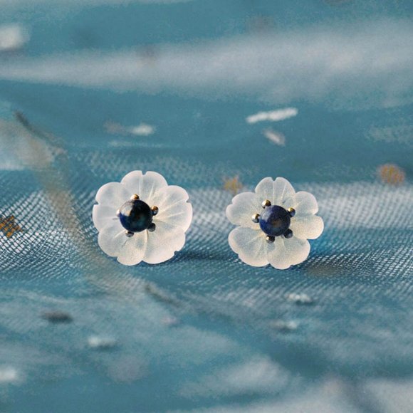 Sterling Silver Natural Lapis lazuli Flower Earrings Studs Nature Jewelry - Picture 1 of 8